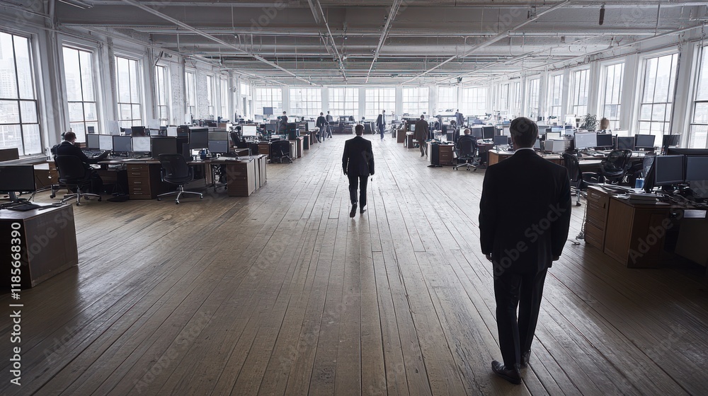Fototapeta premium Two Businessmen Walking Through a Large, Open-Plan Office Space