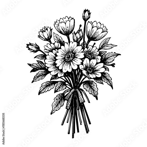 flower bouquet sketch engraving black and white outline. Scratch board imitation.  illustrated in vintage line art style on a white background.
