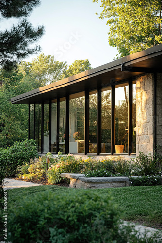 Exterior of a mid-century modern home with large windows and geometric shapes photo