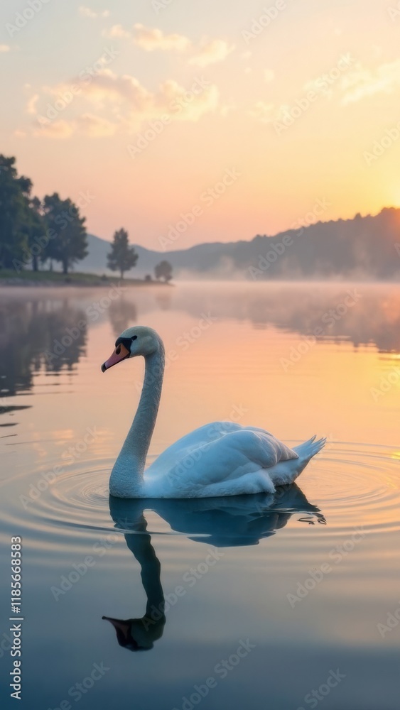 Fototapeta premium swan on the lake, beautiful white swan on the lake at dawn