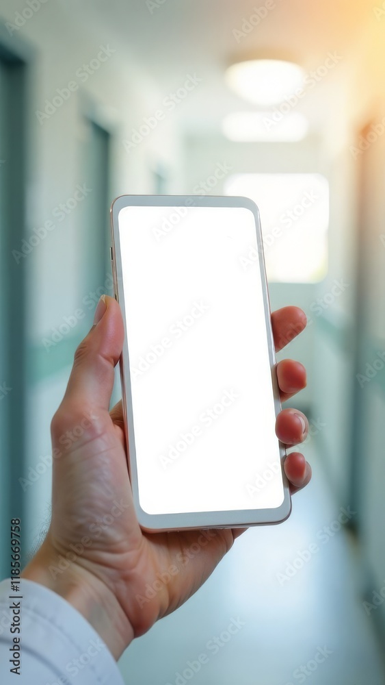 male hand holds smartphone, smartphone has white screen, beautiful sunny white ward background, hospital male hand holds smartphone, smartphone has white screen, beautiful sunny white ward background, hospital