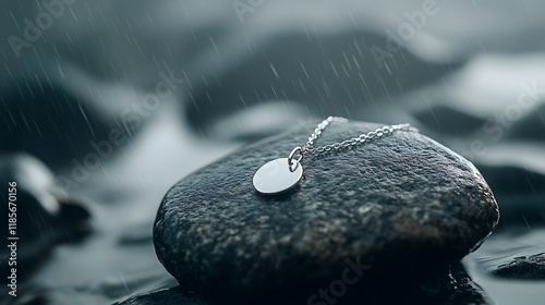 A chunky silver necklace resting on a smooth stone with a misty rain setting photo