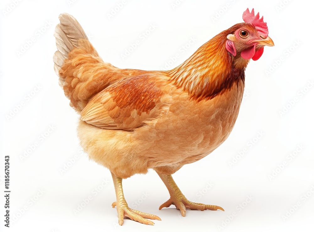 Fototapeta premium Realistic profile image of a healthy live chicken with vibrant feathers showcasing natural beauty and intricate details, suitable for agricultural and culinary contexts.