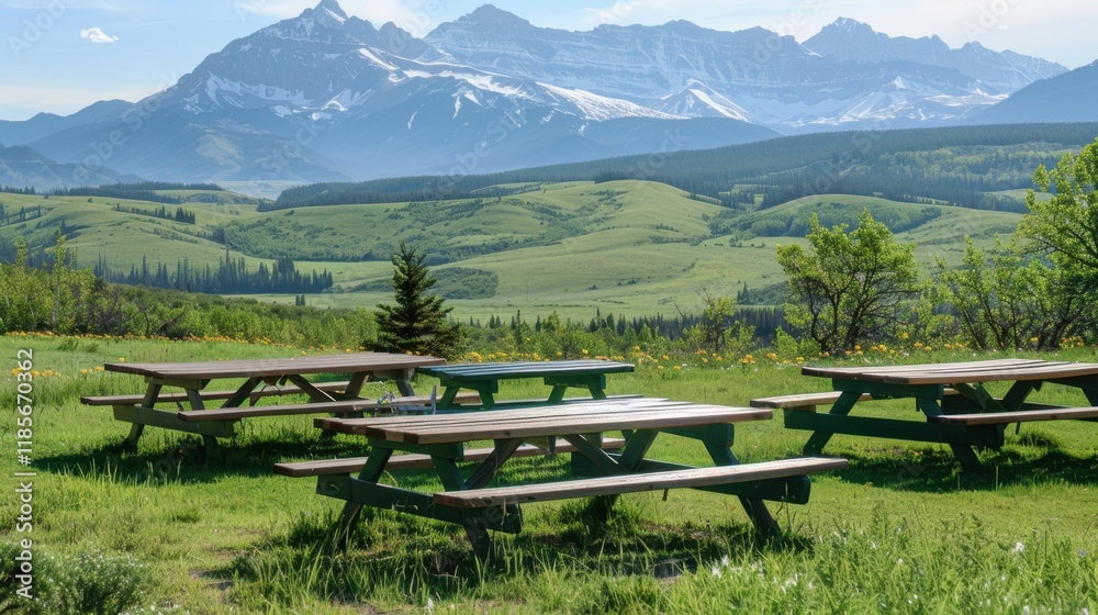 Fototapeta premium Mountain View Picnic Area: A scenic picnic area with tables overlooking beautiful mountain vistas, offering a serene and picturesque spot for outdoor dining and enjoyment. 