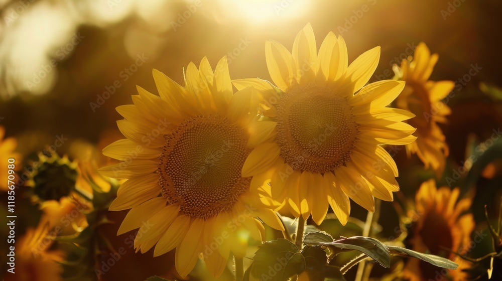 Fototapeta premium Sunflower Field: A seasonal attraction showcasing rows of towering sunflowers, offering a stunning, golden view perfect for a peaceful stroll or a photo opportunity. 
