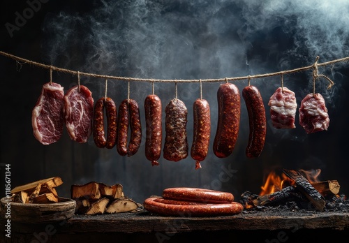 Rustic Display of Assorted Cured Meats Hanging Over a Smoky Background with Wooden Logs, Highlighting Traditional Preservation Methods and Culinary Artistry