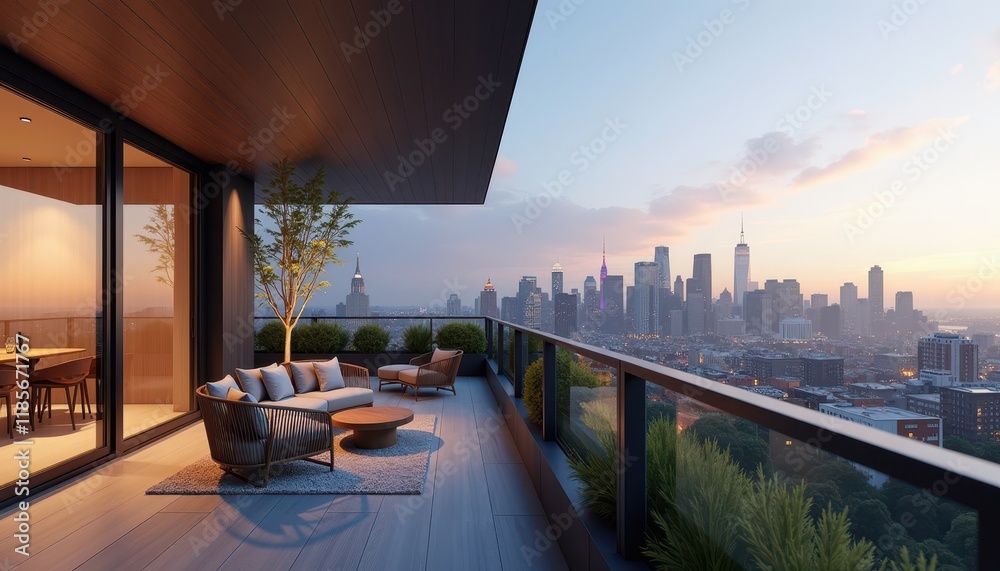 Fototapeta premium A 3D-rendered stock photo of a modern balcony overlooking a city skyline with chic outdoor seating.