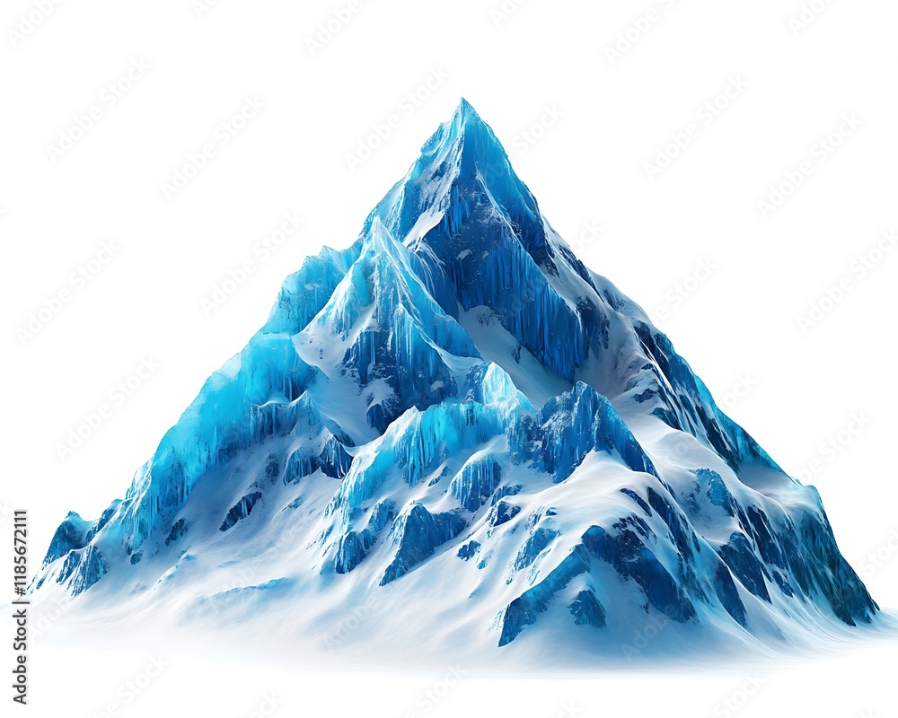 A majestic blue ice mountain peak, with snow-capped ridges, isolated on a white background, highlighting its grandeur. A majestic blue ice mountain peak, with snow-capped ridges, isolated on a white background, highlighting its grandeur.
