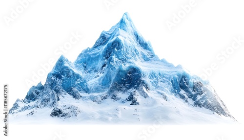 A majestic blue ice mountain peak, covered in snow, standing tall against a clean white background. photo