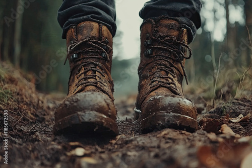 Close-up of muddy boots on a rugged trail, symbolizing hard work