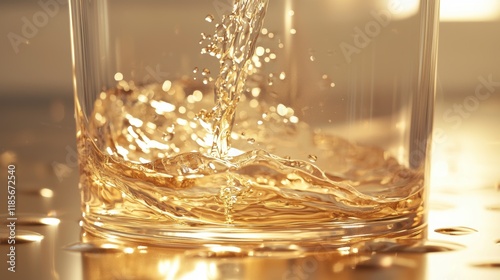 Golden Hour Whiskey Pour: A Close-Up of Amber Liquid Cascading into a Crystal Glass, Reflecting Warm Light