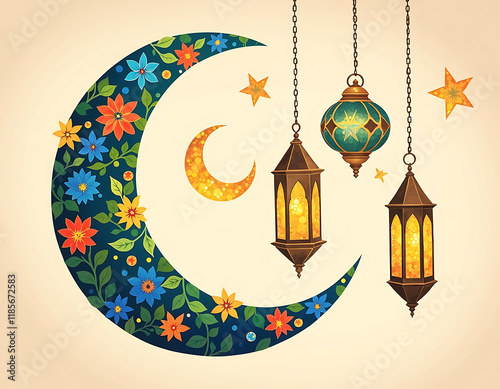 Floral Crescent Moon with Hanging Lanterns: A Festive Illustration photo