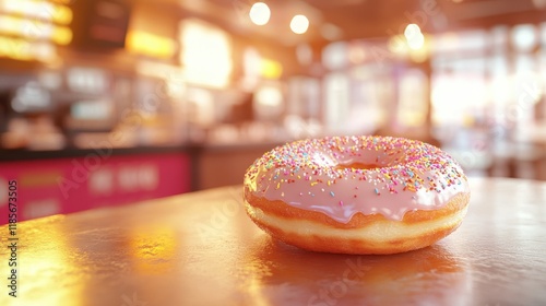 A Delicious Pink Glazed Donut with Sprinkles on a Table in a Cafe photo