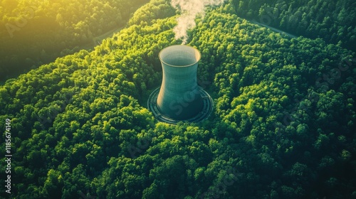 Industrial cooling tower surrounded by lush forest aerial view nature landscape environmental impact photo