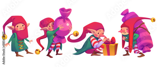 Christmas elves set isolated on white background. Vector cartoon illustration of smiling gnomes in red hats with bells, carrying candies, packing gift box with red ribbon bow, fairytale characters