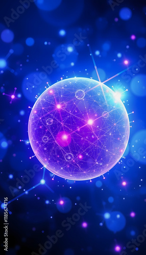 Blue purple energy sphere with glowing bright particles, atom with electrons and elektric magic field scientific futuristic hi-tech abstract background, magazine photoshoot, with white tones photo