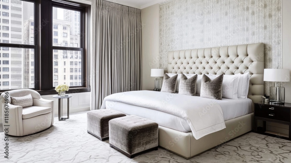 Fototapeta premium A stylish white bedroom with a statement wall, plush bedding, and modern decor elements that combine comfort with contemporary design.