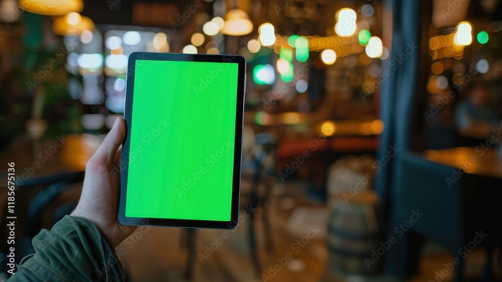 male hand holding tablet pc with green screen on blurred background of cafe male hand holding tablet pc with green screen on blurred background of cafe