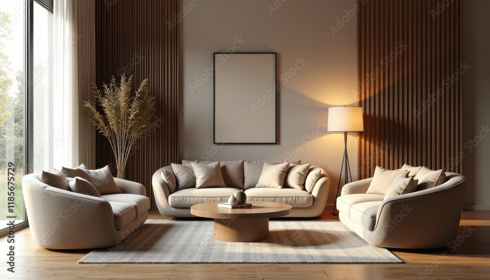 A 3D-rendered stock photo of a stylish and comfortable lounge area with plush sofas, a round coffee table, and floor lamps. A 3D-rendered stock photo of a stylish and comfortable lounge area with plush sofas, a round coffee table, and floor lamps.