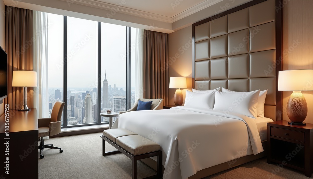 A 3D-rendered stock photo of a luxurious hotel suite with a king-sized bed, floor-to-ceiling windows, and city views. A 3D-rendered stock photo of a luxurious hotel suite with a king-sized bed, floor-to-ceiling windows, and city views.