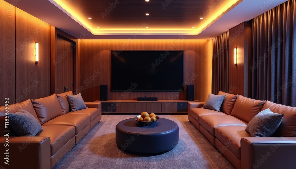 A 3D-rendered stock photo of a contemporary media room with leather seating, a flat-screen TV, and ambient lighting. A 3D-rendered stock photo of a contemporary media room with leather seating, a flat-screen TV, and ambient lighting.