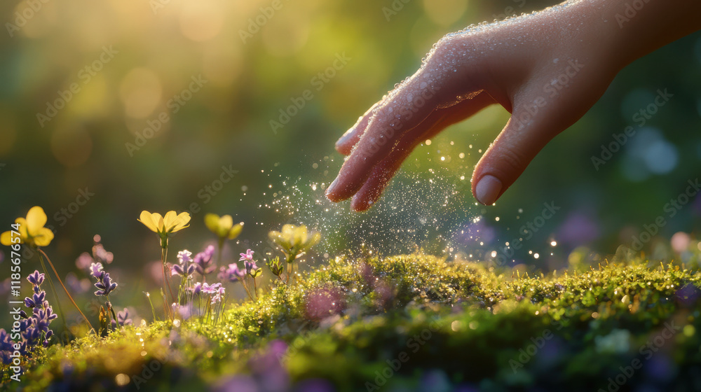 A tranquil close-up of a hand hovering above fresh moss, capturing melting frost turning into shimmering dew, illuminated by a pale green spring sunlight A tranquil close-up of a hand hovering above fresh moss, capturing melting frost turning into shimmering dew, illuminated by a pale green spring sunlight