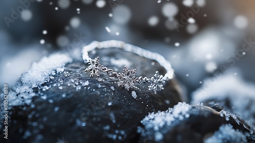 Wallpaper Mural A delicate silver bracelet placed on a stone with snowflakes falling gently Torontodigital.ca