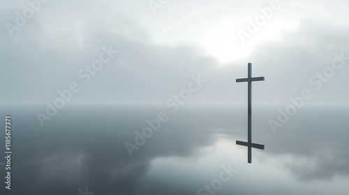 Minimalist monochrome cross on lake water with reflection, dark cloudy sky