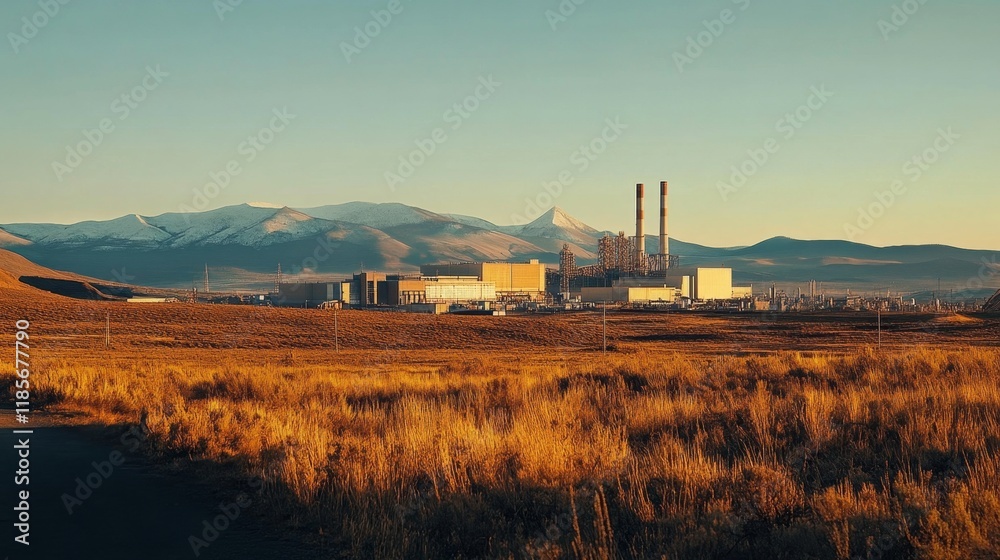Industrial facility surrounded by mountains natural landscape sunset view power generation rural environment Industrial facility surrounded by mountains natural landscape sunset view power generation rural environment