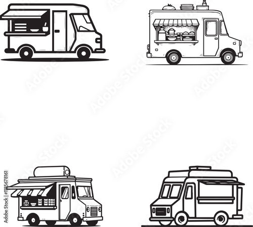 Black silhouette Food Van icon set vector illustration isolated on white background