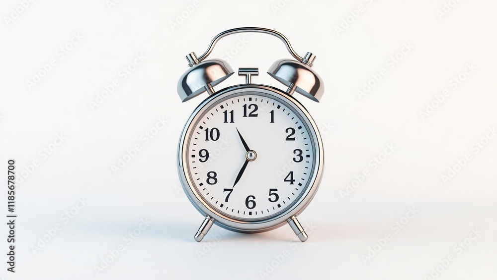 A silver bell alarm clock shows the time A silver bell alarm clock shows the time