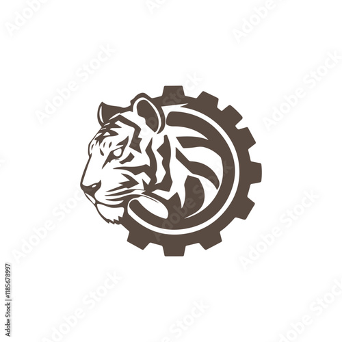 Simple Creative Minimalist Tiger Head with Gear icon Logo Design