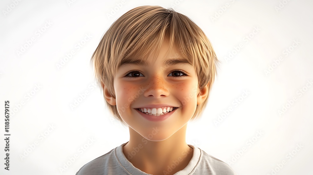 3D portrait of a smiling young boy with blond hair and brown eyes, wearing casual clothes, on a white background. 3D portrait of a smiling young boy with blond hair and brown eyes, wearing casual clothes, on a white background.