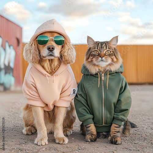 Stylish pets wearing trendy hoodies outdoors.