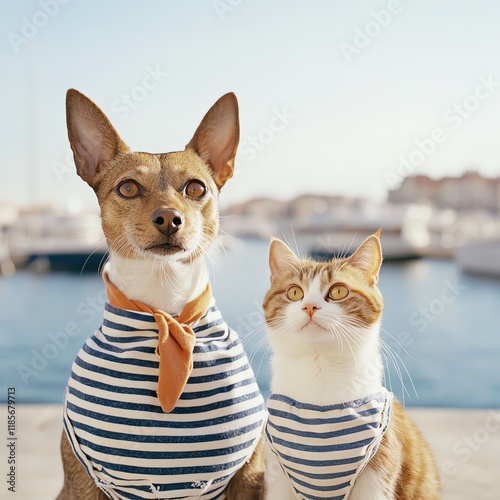 Fashionable dog and cat by the marina.