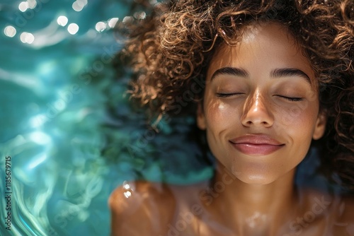 Young happy woman relaxing with eyes closed in swimming pool. Generative AI