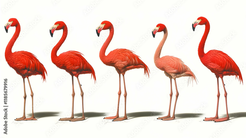 Fototapeta premium Cutout of a set of elegant pink flamingos standing gracefully