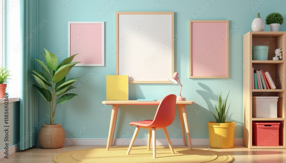 Fototapeta premium A 3D-rendered stock photo of a kids’ study room with a small desk, colorful wall art, and storage bins.