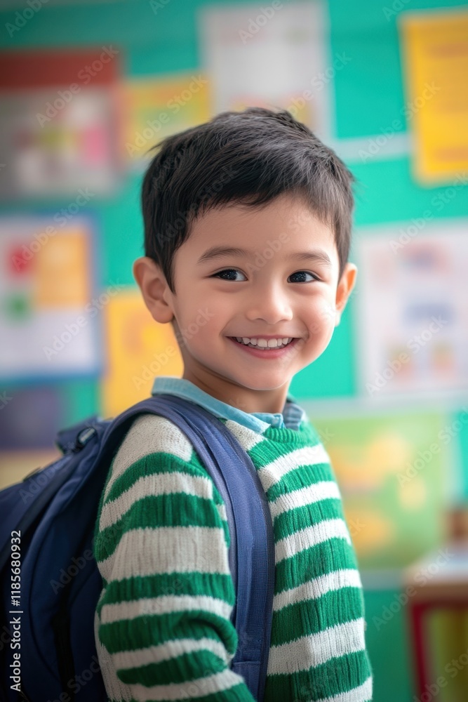 Cute little boy smiles with joy in a classroom, showcasing a green and white striped sweater and a school bag, ready for a day of learning Cute little boy smiles with joy in a classroom, showcasing a green and white striped sweater and a school bag, ready for a day of learning