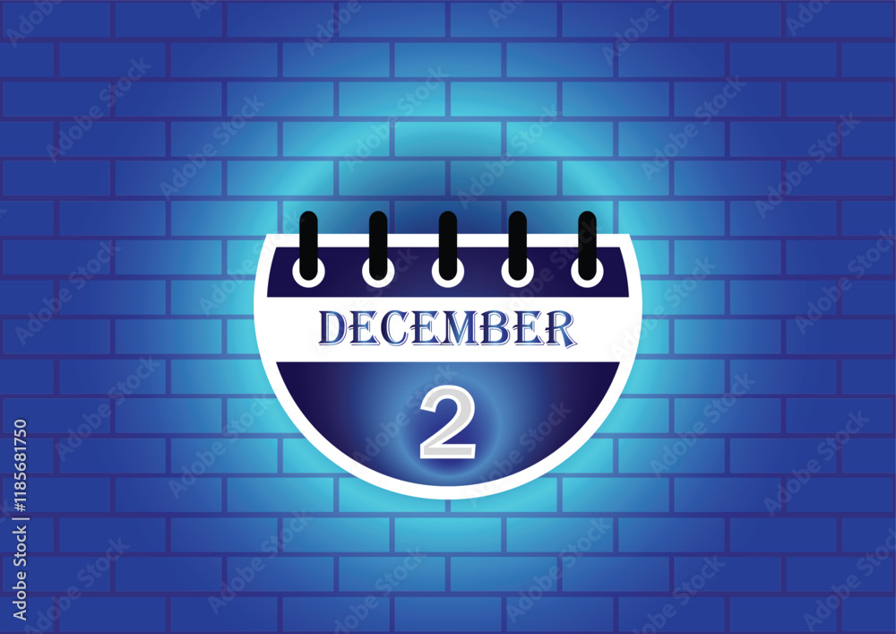 Obraz premium A digital illustration of a calendar page showing December 2nd. The page is blue and white, set against a backdrop of a blue brick wall. Clean, modern aesthetic.