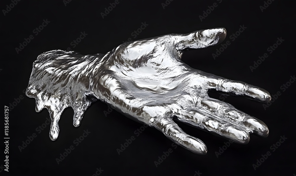 Melted silver hand sculpture on black background.