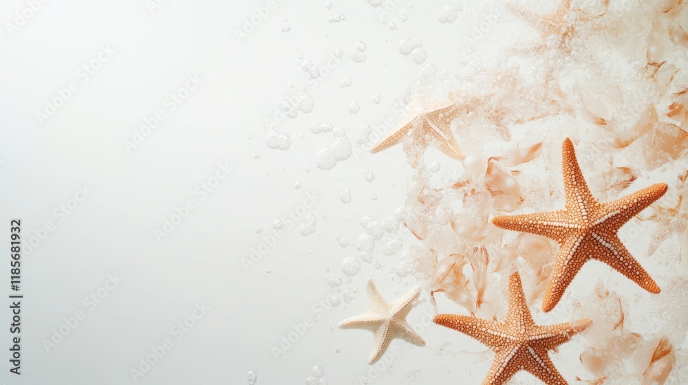 Starfish on light background with water droplets. Starfish on light background with water droplets.
