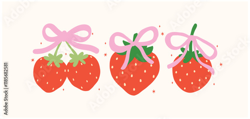 Group of Retro Coquette Strawberries with pink Ribbon bow Berryy love Banner Vintage Aesthetic