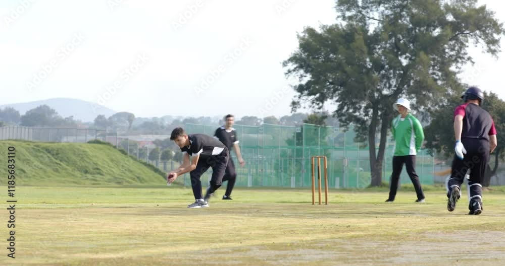 Playing cricket outdoors, group of men enjoying game on sunny day Playing cricket outdoors, group of men enjoying game on sunny day