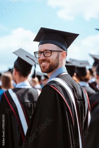 Group of students in black gowns and caps celebrating graduation with smiles under a blue sky