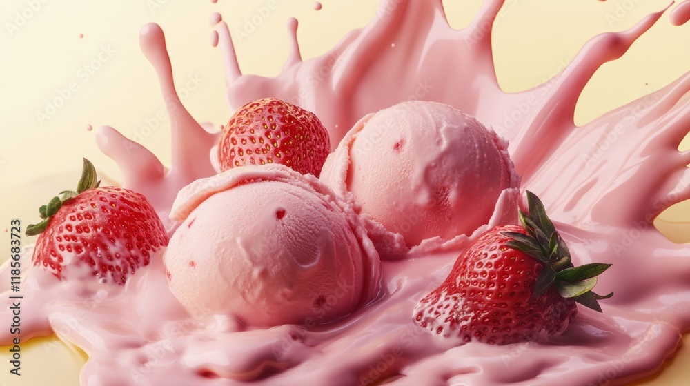 Strawberry ice cream scoops splashing in pink cream. Strawberry ice cream scoops splashing in pink cream.