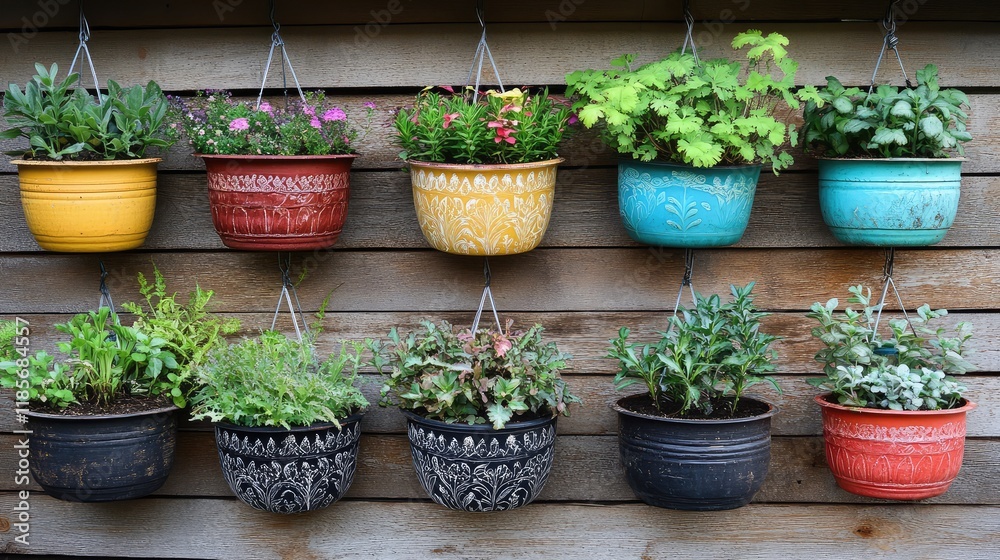 Fototapeta premium An indoor garden with various plants in decorative pots and hanging planters, creating a vibrant space for gardening ideas with plenty of copy space.