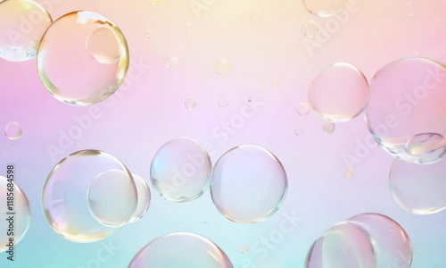 Animate transparent bubbles floating and merging in a dreamy background of pastel gradients with soft lighting