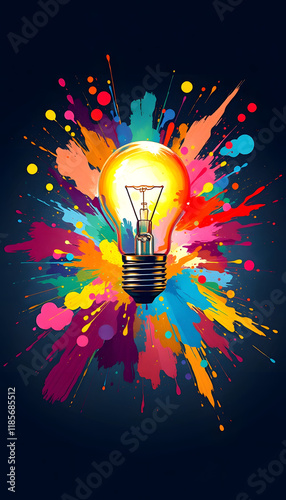 Lightbulb eureka moment with Impactful and inspiring artistic colourful explosion of paint energy. , this image is not based on any original image, character or person, pixel art, with white tones