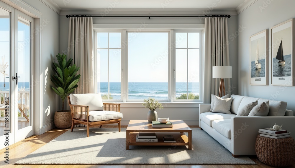 A 3D-rendered stock photo of a beach house living room with nautical-themed decor and large windows. A 3D-rendered stock photo of a beach house living room with nautical-themed decor and large windows.